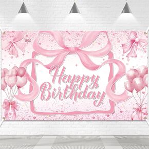 Coquette Birthday Party Decorations Pink Bow Happy Birthday Backdrop Bow Party Decor for Girls Women Birthday Photography Backgrounds for First Birthday Baby Shower Supplies (6 x 3.6 Ft)
