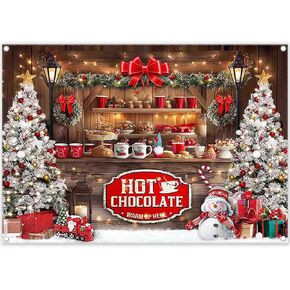 ZTHMOE Fabric 7x5ft Christmas Hot Cocoa Bar Photography Backdrop Wooden Candy Shop Xmas Tree Background Winter Holiday Party Decoration Photo Booth Banner
