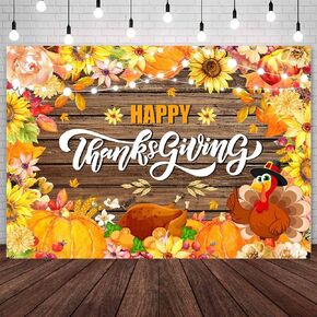 7x5ft Happy Thanksgiving Backdrop Fall Pumpkins Turkey Photography Background Rustic Wooden Maple Leaves Thanksgiving Party Decor Banner Photo Shoot Studio Props
