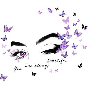 Eyes Butterfly Wall Stickers for Girls Room Decor, Self-Adhesive Wall Decals, Wall Art Positive Sayings Sticker for Women Girls Bedroom Living Room Decor 2 Sheets, 23.6 x 11.8 in, Purple