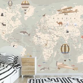 Kids Wallpaper World Map with Animals Wall Mural Removable Peel and Stick Wall Murals for Girls Boys Kids Waterproof Wallpaper Room Bedroom Living Room Self Adhesive Mural Wallpaper Size 78.74x47.24in