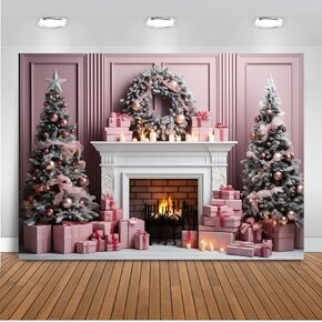 Mocsicka Pink Christmas Fireplace Backdrop for Photography Pink Christmas Trees and Fireplace Winter Wonderland Christmas Scene Xmas Party Decorations Background (7x5ft)