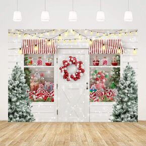 Ticuenicoa 7x5ft Candy Shop Window Christmas Backdrops for Photography Winter Windows and Door Xmas Tree Sock Gift Decorations for Family Portrait Photo Background Baby Shower Photobooth Props