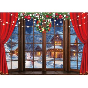 Christmas Backdrop Christmas Window Backdrop for Photography Winter Night Snowhouse Light Red Curtain Christma Photo Backdrop Studio Props Banner Decor cp-566 7x5ft