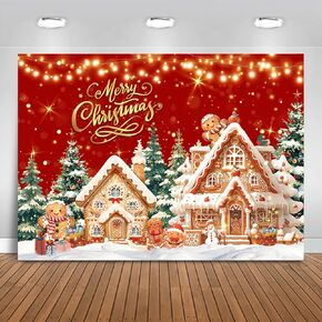 Mocsicka Christmas Gingerbread House Backdrop for Photography Red Xmas Christmas Party Decorations Gingerbread Winter Xmas Pine Trees Photo Background (Snowy, 7x5ft(82"x60"))