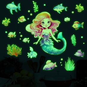 Mermaid Wall Decals Under The Sea Mermaid Wall Stickers Glow in The Dark Ocean Theme Coral Seaweed Wall Art Decals for Girls Women Bedroom Bathroom Living Room Decor