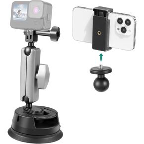 PULUZ Camera & Phone Suction Cup Mount for Gopro Camera or Phones，360°Adjustable Double Ball Head Car Suction Cup Holder with Phone Clamp and Action Camera Mount Adapter for Smooth Surfaces