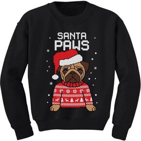 Santa Paws Pug Sweatshirt Youth Kids Holiday Ugly Christmas Sweater Style