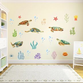Sea Turtle Wall Sticker Turtle Vinyl Decals for Bathroom Underwater Ocean Wall Decals Waterproof Removable Turtle Decals Decoration for Kids Bedroom Living Room Wall Decor
