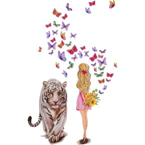 Tiger and Little Girl Wall Decal Colorful Butterfly Wall Sticker Removable Self-Adhesive Vinyl Animal Wall Mural for Nursery Classroom Living Room Bedroom Wall Decoration