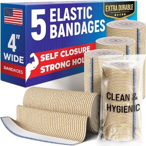 Premium Elastic Bandage Wrap - 6" (5pk) - Strong Compression - Self-Closing Reusable Bandages for Legs, Knee, Abdomen, Lymphedema - Body Wrap