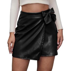 Women's PU Leather Skirt High Waist Asymmetrical Tulip Hem Ruched Wrap Mini Skirt