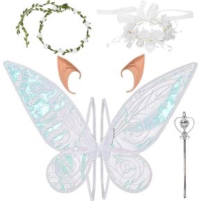 Fairy Wings Sparkle Butterfly Angel Wings Fairy Costume Wings with Princess Wings Garland Ears Tinsel Wand Pearl Necklace for Adults Girls White