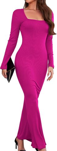 Women's 2024 Fall Dresses Square Neck Long Sleeve Ribbed Knit Elegant Evening Party Casual Bodycon Long Maxi Dress in Saudi Arabia