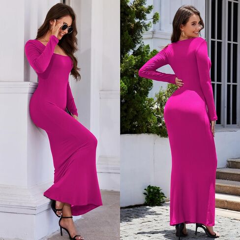 Women's 2024 Fall Dresses Square Neck Long Sleeve Ribbed Knit Elegant Evening Party Casual Bodycon Long Maxi Dress in Saudi Arabia