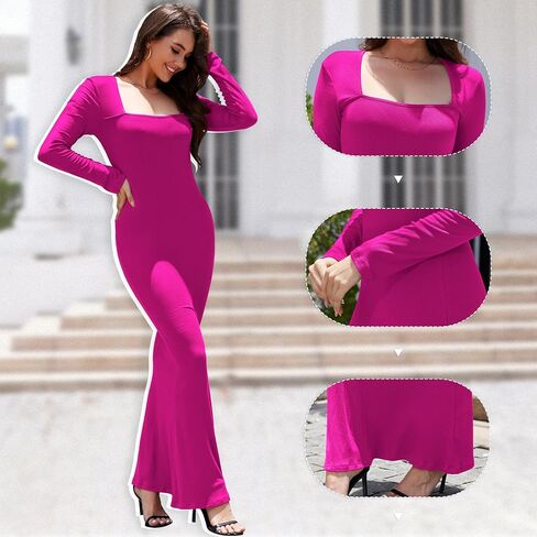 Women's 2024 Fall Dresses Square Neck Long Sleeve Ribbed Knit Elegant Evening Party Casual Bodycon Long Maxi Dress in Saudi Arabia