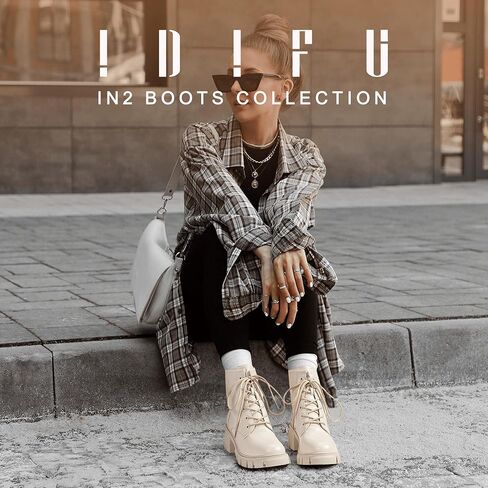 IDIFU IN2 أحذية القتال النسائية أحذية الكاحل كعب منخفض أزياء مكتنزة قصيرة منصة اللباس أحذية للنساء جولة اصبع القدم الدانتيل يصل الأحذية السيدات مريحة العمل العروة الوحيد الأحذية - تخفيف جميع الأربطة أولا in Kuwait