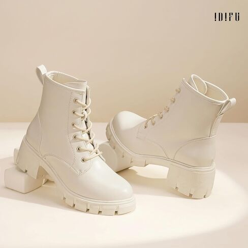 IDIFU IN2 أحذية القتال النسائية أحذية الكاحل كعب منخفض أزياء مكتنزة قصيرة منصة اللباس أحذية للنساء جولة اصبع القدم الدانتيل يصل الأحذية السيدات مريحة العمل العروة الوحيد الأحذية - تخفيف جميع الأربطة أولا in Kuwait