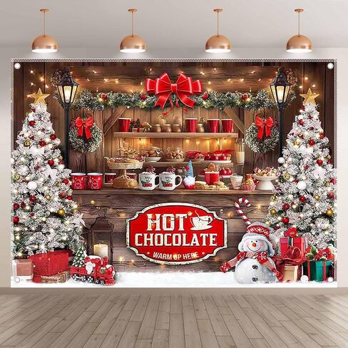 ZTHMOE Fabric 7x5ft Christmas Hot Cocoa Bar Photography Backdrop Wooden Candy Shop Xmas Tree Background Winter Holiday Party Decoration Photo Booth Banner in Saudi Arabia