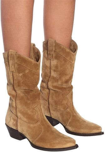 YIYA Western Suede Cowboy Boots Women's Classic Pointed Toe Cowgirl Boot Female Mid-Calf Booties for Women in Kuwait