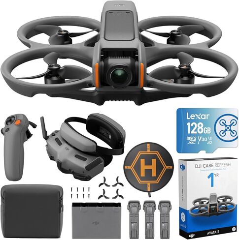 مجموعة DJI Avata 2 Fly More (3 بطاريات) طائرة بدون طيار FPV مع حزمة كاميرا 4K مع خطة حماية لمدة عام واحد من DJI Care Refresh، وبطاقة ذاكرة 128 جيجابايت ووسادة هبوط Deco Gear in Kuwait