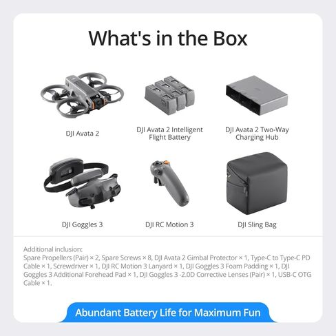 مجموعة DJI Avata 2 Fly More (3 بطاريات) طائرة بدون طيار FPV مع حزمة كاميرا 4K مع خطة حماية لمدة عام واحد من DJI Care Refresh، وبطاقة ذاكرة 128 جيجابايت ووسادة هبوط Deco Gear in Kuwait