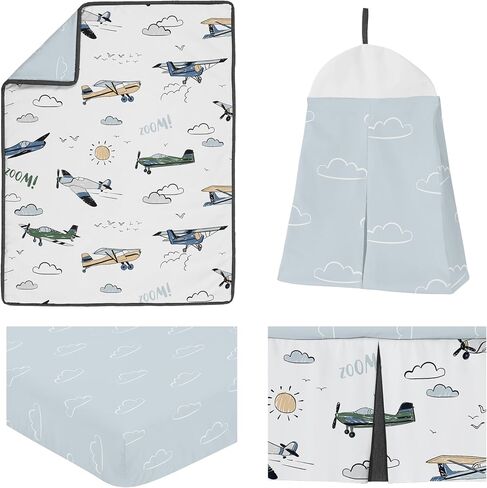 Sweet Jojo Designs Vintage Airplane Boy Baby Crib Bedding Set for Infant Nursery Room Blanket Fitted Sheet Skirt Diaper Stacker 4pc Grey Green Blue White Yellow Airplanes Transportation Clouds Sun Sky in Saudi Arabia