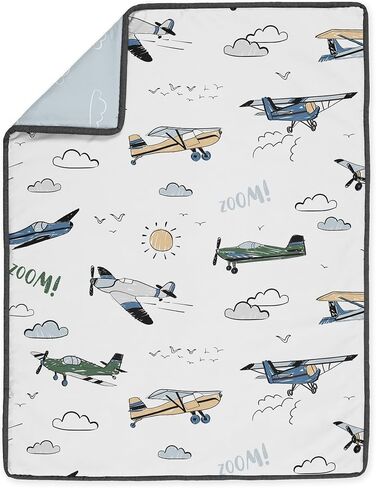 Sweet Jojo Designs Vintage Airplane Boy Baby Crib Bedding Set for Infant Nursery Room Blanket Fitted Sheet Skirt Diaper Stacker 4pc Grey Green Blue White Yellow Airplanes Transportation Clouds Sun Sky in Saudi Arabia
