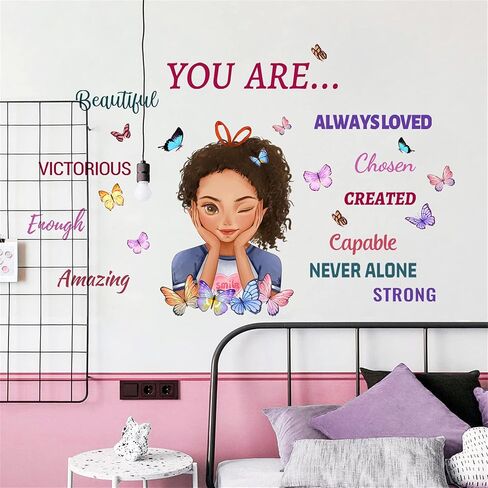 WAFT YEARN الفينيل القابل للإزالة جميل فتاة سوداء فراشة جدار صائق الجدار ملصق ديكور لحضانة المدرسة الفصول الدراسية غرفة نوم الحمام غرفة الفتيات غرفة اللعب 22.8 بوصة بنسبة 35.4 بوصة in Kuwait