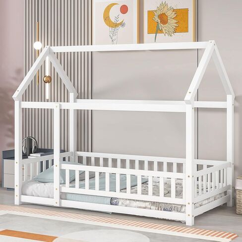Dolonm Twin Size Montessori Bed, Toddler Floor Bed for Kids, Floor Wooden Bed with House Roof Frame, Fence Guardrails, Montessori Floor Bed Frame, Floor Bed Toddler, White in Saudi Arabia