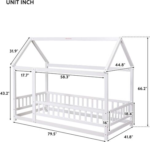 Dolonm Twin Size Montessori Bed, Toddler Floor Bed for Kids, Floor Wooden Bed with House Roof Frame, Fence Guardrails, Montessori Floor Bed Frame, Floor Bed Toddler, White in Saudi Arabia