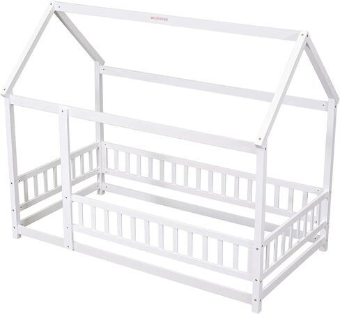 Dolonm Twin Size Montessori Bed, Toddler Floor Bed for Kids, Floor Wooden Bed with House Roof Frame, Fence Guardrails, Montessori Floor Bed Frame, Floor Bed Toddler, White in Saudi Arabia