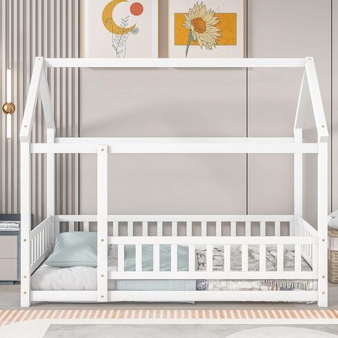 Dolonm Twin Size Montessori Bed, Toddler Floor Bed for Kids, Floor Wooden Bed with House Roof Frame, Fence Guardrails, Montessori Floor Bed Frame, Floor Bed Toddler, White in Saudi Arabia