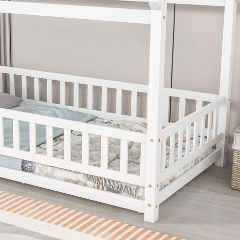 Dolonm Twin Size Montessori Bed, Toddler Floor Bed for Kids, Floor Wooden Bed with House Roof Frame, Fence Guardrails, Montessori Floor Bed Frame, Floor Bed Toddler, White in Saudi Arabia