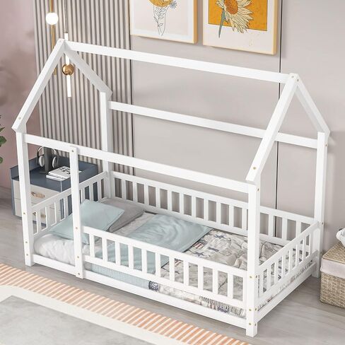 Dolonm Twin Size Montessori Bed, Toddler Floor Bed for Kids, Floor Wooden Bed with House Roof Frame, Fence Guardrails, Montessori Floor Bed Frame, Floor Bed Toddler, White in Saudi Arabia