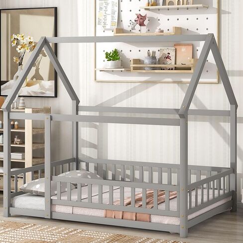 Dolonm Twin Size Montessori Bed, Toddler Floor Bed for Kids, Floor Wooden Bed with House Roof Frame, Fence Guardrails, Montessori Floor Bed Frame, Floor Bed Toddler, White in Saudi Arabia