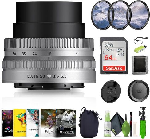 عدسة Nikon NIKKOR Z DX مقاس 16-50 مم f/3.5-6.3 VR (فضية) + حقيبة عدسة + محفظة بطاقة الذاكرة + بطاقة ذاكرة Ultra 64 جيجابايت + مرشح عدسة UV + حامل ثلاثي القوائم مرن مقاس 12 بوصة + برنامج تحرير الصور + المزيد (متجدد) in Saudi Arabia
