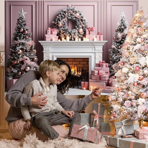 Mocsicka Pink Christmas Fireplace Backdrop for Photography Pink Christmas Trees and Fireplace Winter Wonderland Christmas Scene Xmas Party Decorations Background (7x5ft) in Saudi Arabia