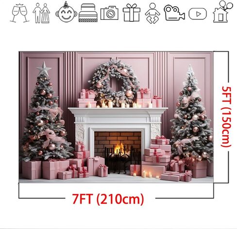 Mocsicka Pink Christmas Fireplace Backdrop for Photography Pink Christmas Trees and Fireplace Winter Wonderland Christmas Scene Xmas Party Decorations Background (7x5ft) in Saudi Arabia