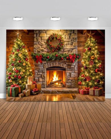 Mocsicka Christmas Fireplace Backdrop Xmas Large Merry Christmas Party Decorations Banner for Holiday Family Photography Background Photo Booth Props (Green, 7x5ft(82"x60")) in Saudi Arabia