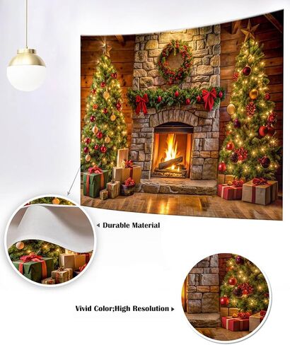 Mocsicka Christmas Fireplace Backdrop Xmas Large Merry Christmas Party Decorations Banner for Holiday Family Photography Background Photo Booth Props (Green, 7x5ft(82"x60")) in Saudi Arabia
