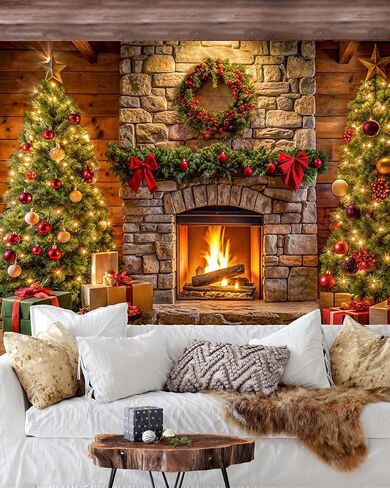 Mocsicka Christmas Fireplace Backdrop Xmas Large Merry Christmas Party Decorations Banner for Holiday Family Photography Background Photo Booth Props (Green, 7x5ft(82"x60")) in Saudi Arabia