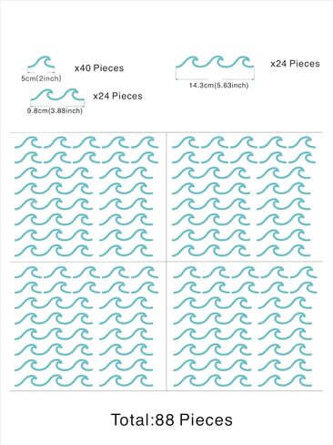 88 Pcs/Pack Ocean Waves Wall Sticker for Kids Room Decal Sea Surge Living Room Decor YMX60 (Light Blue) in Kuwait