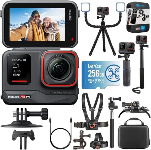 Insta360 Ace Pro Standalone 279665: 4K120 إطارًا في الثانية، حزمة مقاومة للماء مع حامل ثلاثي القوائم لتسجيل الفيديو، عصا سيلفي 3 في 1، مقبض طاقة 4000 مللي أمبير في الساعة، بطاقة 256 جيجابايت، مجموعة عمل خارجية وحزمة حماية محسنة CPS لمدة 3 سنوات in Saudi Arabia