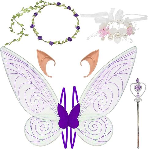 Fairy Wings Sparkle Butterfly Angel Wings Fairy Costume Wings with Princess Wings Garland Ears Tinsel Wand Pearl Necklace for Adults Girls White in Kuwait