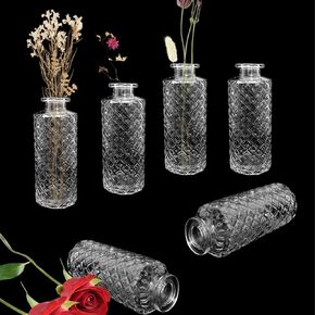 5pcs Glass Vases Set,Small Flower Vases for Wedding Centerpiece Table Decorations,Clear Embossed Mini Vases for Party or Home Decor