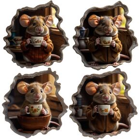 Cute Mouse Tea Time Stickers Set, Pack of 4, Size 3 Inches, Adorable Animal Decor for Home, Kids' Rooms, and Gifts