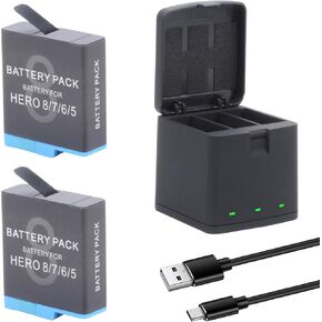 Hero 8 7 6 5 Battery 2-Pack for GoPro Hero 2018 Hero 8 Hero 7 Hero 6 Hero 5 Black Official with USB Storage 3-Channel USB and Type-C Fast Charger Kit, Bundle LED Light 3.85V 1500mah Lithium Batteria