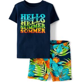 The Children's Place Baby Boy's and Toddler Sleeve Top and Shorts Snug Fit 100% Cotton 2 Piece Pajama Set, Hello Summer Vibes