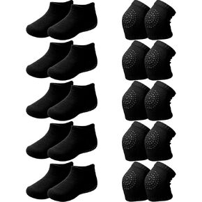 10 Pairs Baby Crawling Anti Slip Knee Pads and Anti Slip Baby Socks Set Unisex Toddler Knee Protectors Non Slip Ankle Socks